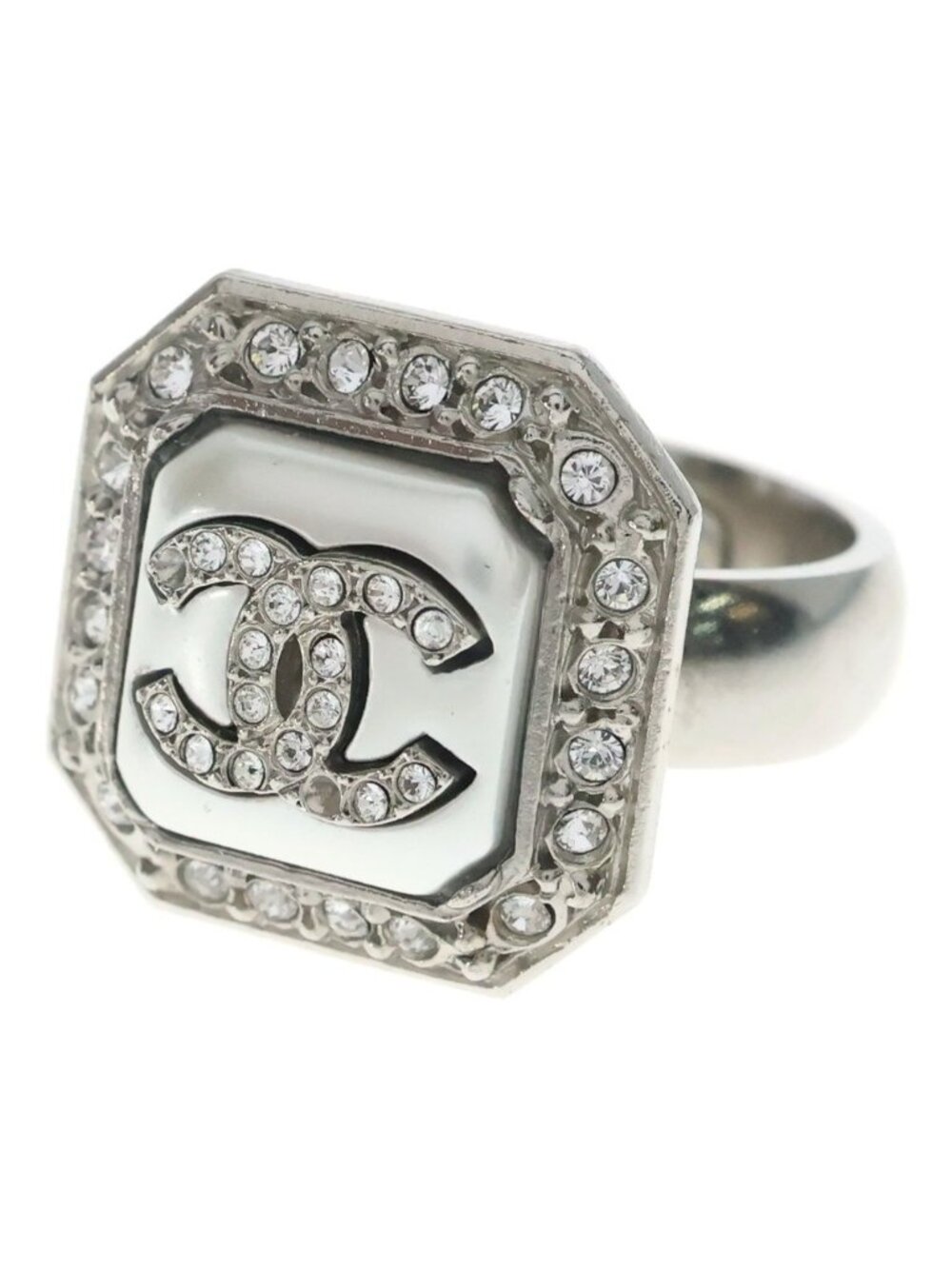 Chanel Ring CC Logo Rhinestone Silver